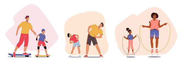  Illustration d'un parent et d'un enfant en train de faire un exercice de croisement de bras et de jambes, avec un arrière-plan coloré et joyeux.