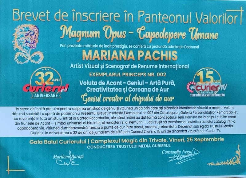 Brevet Panteonul Valorilor - Magnum Opus - Voluta de Acant - Geniul - 2026