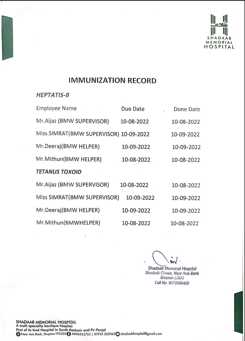 Immunization of Healthcare Workers involved in BMW Management