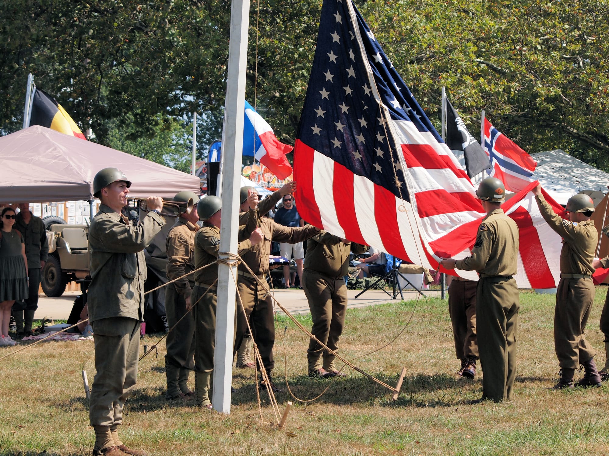 Raising of Garrison Flag, D-Day reenactment, Conneaut, Ohio [Photo: S Cobaugh]
