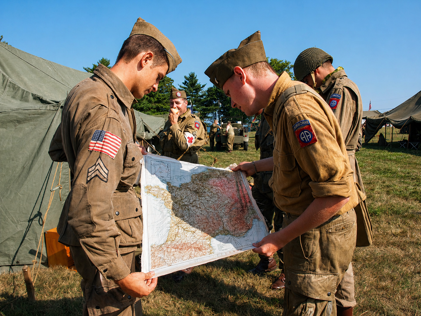 US 82nd Airborne Division troops review European map, D-Day Ohio WW2 reenactment, Conneaut, OH, August 14, 2025 [Photo: S Cobaugh]