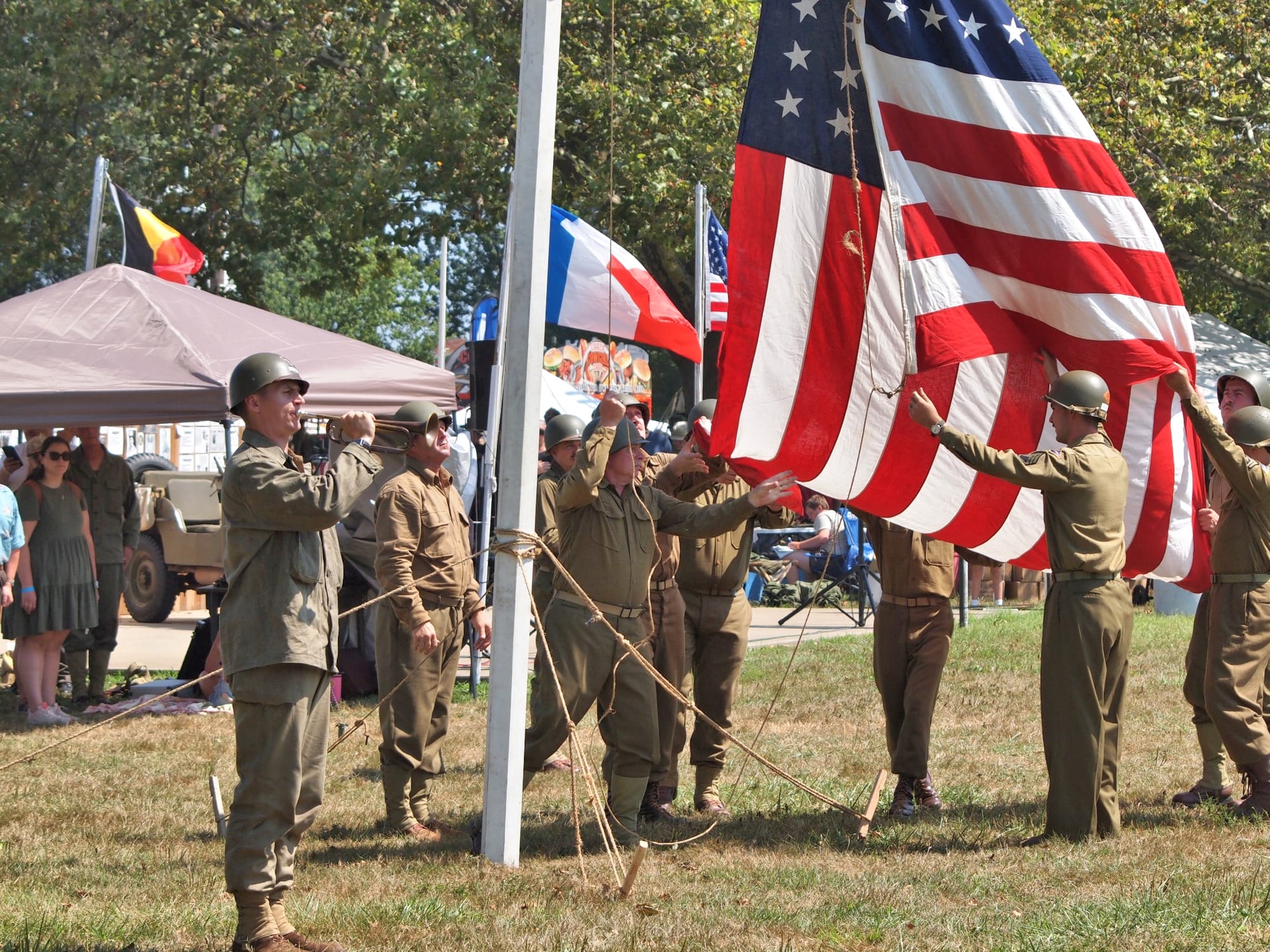 US hoisting of garrison flag, D-Day Ohio WW2 reenactment, Conneaut, OH, August 14, 2025 [Photo: S Cobaugh]