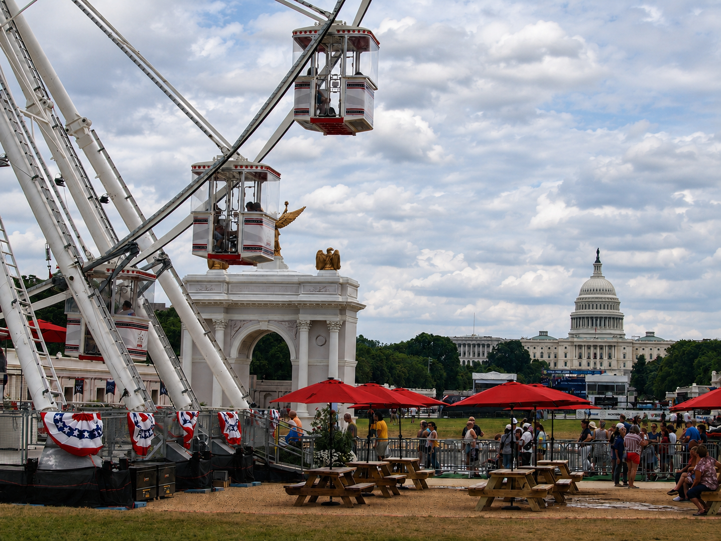 Freedom 250 event: Ferris Wheel, Arch scale replica and US Capitol Building, The Great American State Fair, National Mall, Washington, DC, July 8, 2026 [Photo: S Cobaugh]