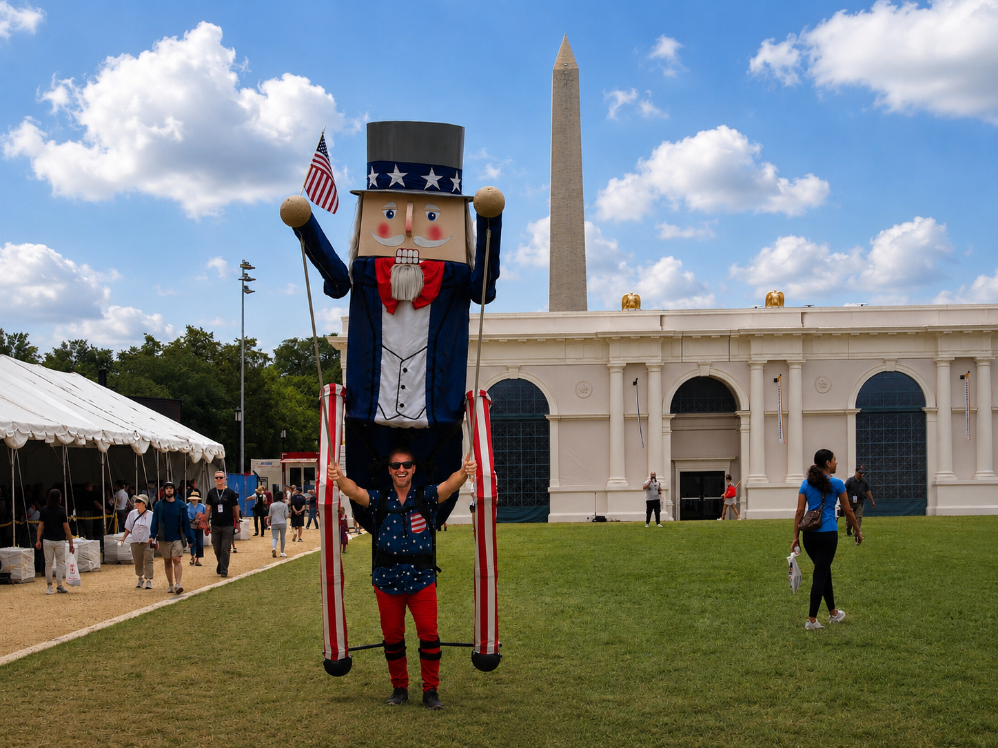 Freedom 250 event: A fair visitor parades with a giant Uncle Sam puppet, The Great American State Fair, National Mall, Washington, DC, July 8, 2026 [Photo: S Cobaugh]