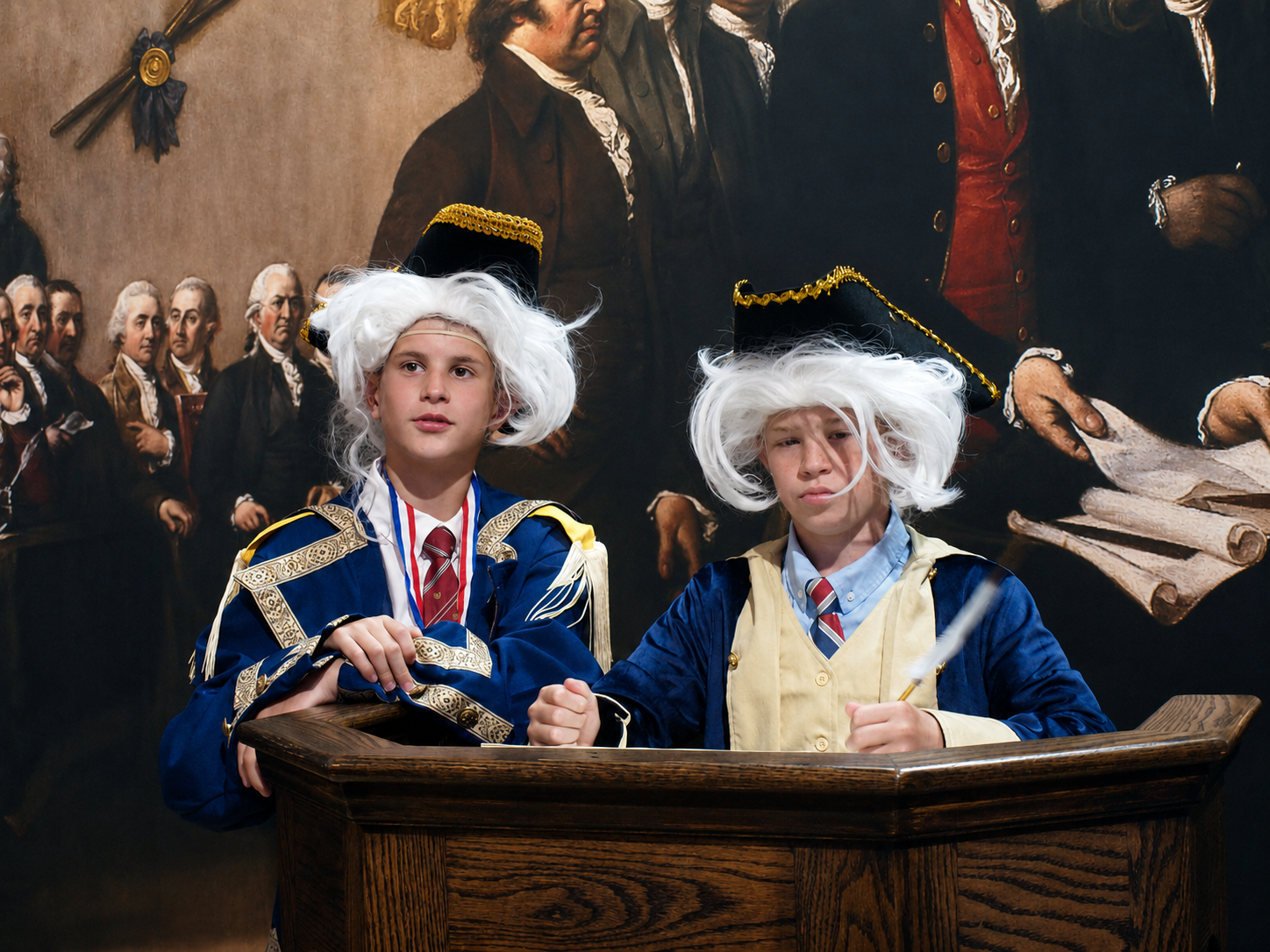 Freedom 250 event: Two boys in Revolutionary War costumes at the Hillsdale College (MI) booth, The Great American State Fair, National Mall, Washington, DC, July 8, 2026 [Photo: S Cobaugh]