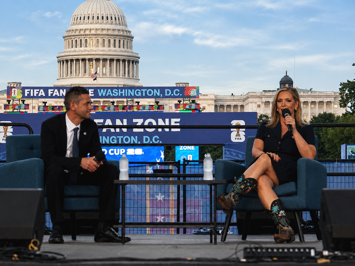Freedom 250 event: On the Freedom Stage, NASA Administrator Jared Isaacman (left) speaks with Katie Pavlich of NewsNation about establishing a permanent moon base, The Great American State Fair, National Mall, Washington, DC, July 8, 2026 [Photo: S Cobaugh]
