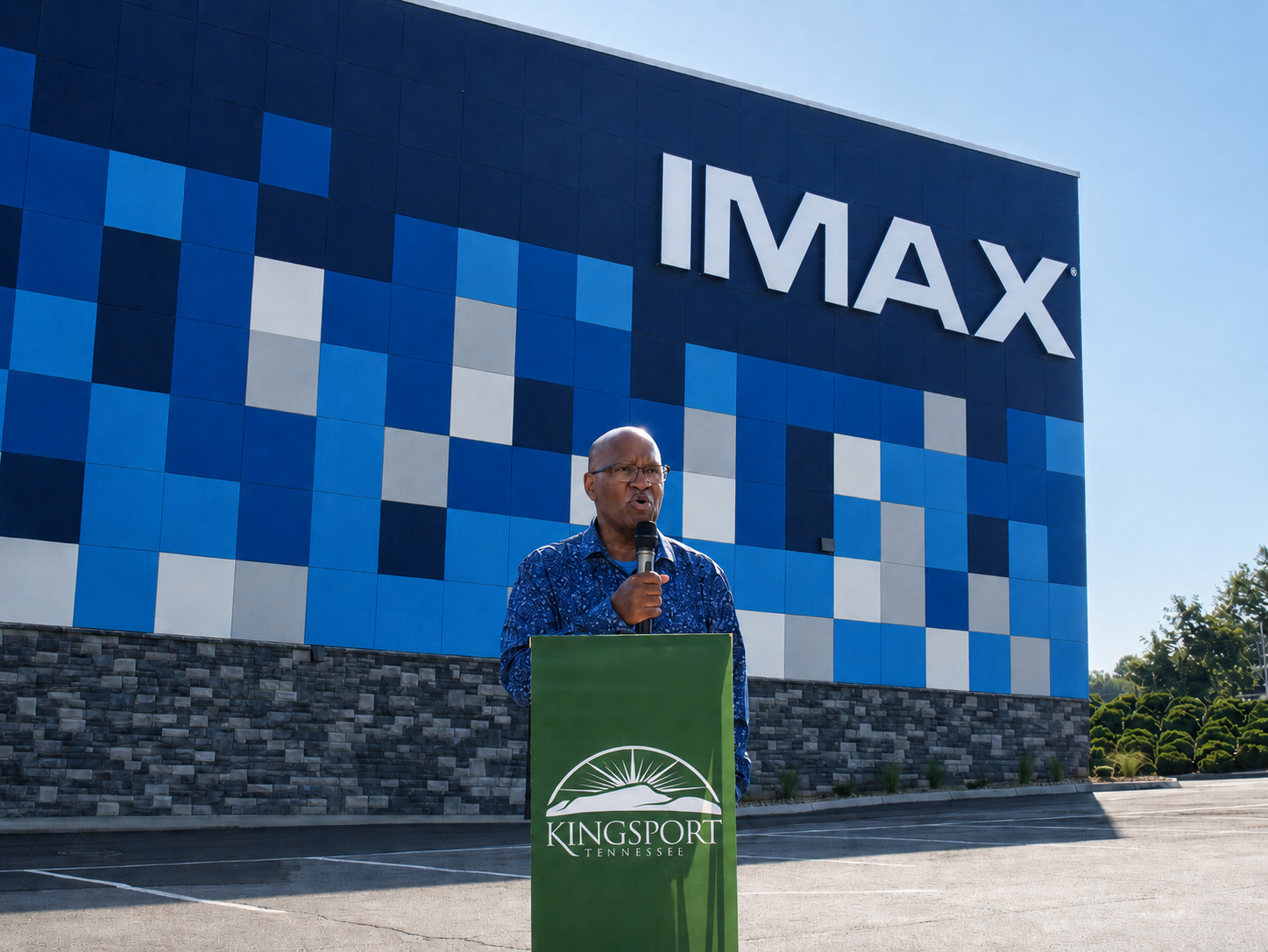 Mayor Paul Montgomery speaks at the Grand Opening of the IMAX theatre at Fort Henry Mall, Kingsport, TN, July 17, 2026 [Photo: S Cobaugh]