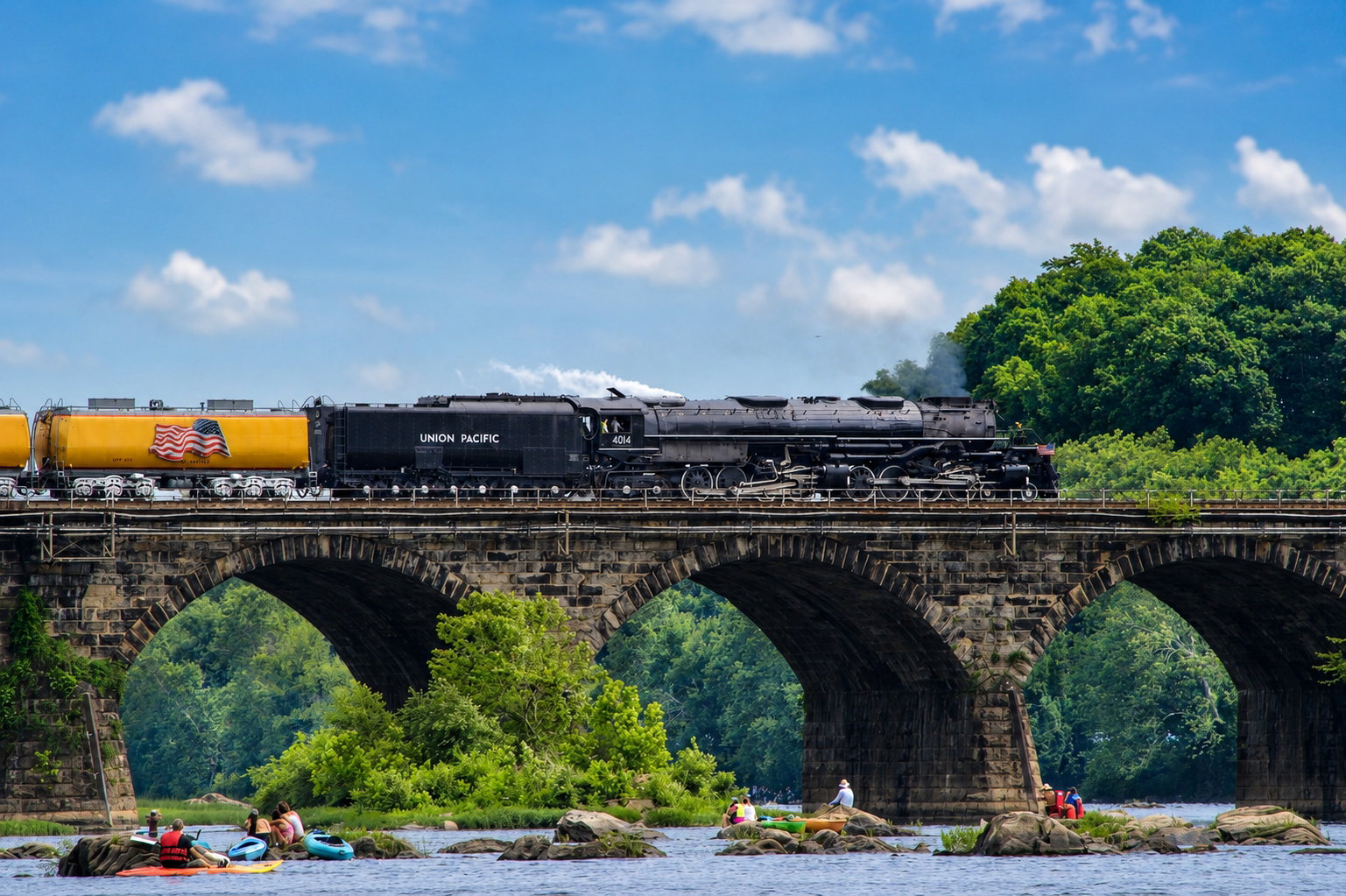 America 250 event: Union Pacific Big Boy No. 4014, the world's largest operating steam locomotive crosses the Susquehanna River on the Rockville Bridge above Harrisburg, PA, July 7, 2026 [Photo: Dana Dymond]