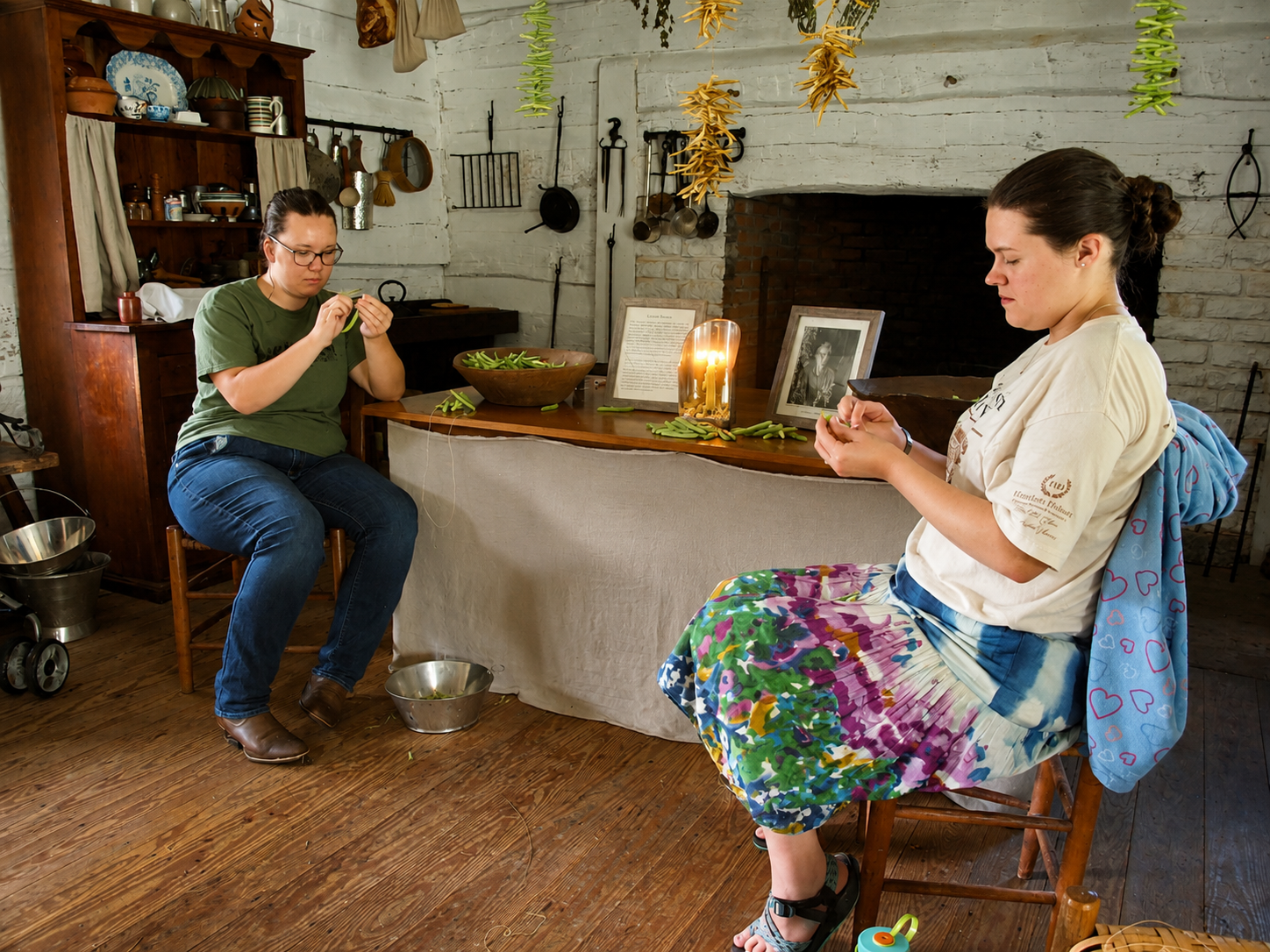 Kingsport Fun Fest: Volunteers at the Exchange Place Living History Farm's Farm Fest demonstrate the Appalachian culinary process of threading pole beans on to a string for preservation, Kingsport, TN, July 19, 2026 [Photo: J Lowry]