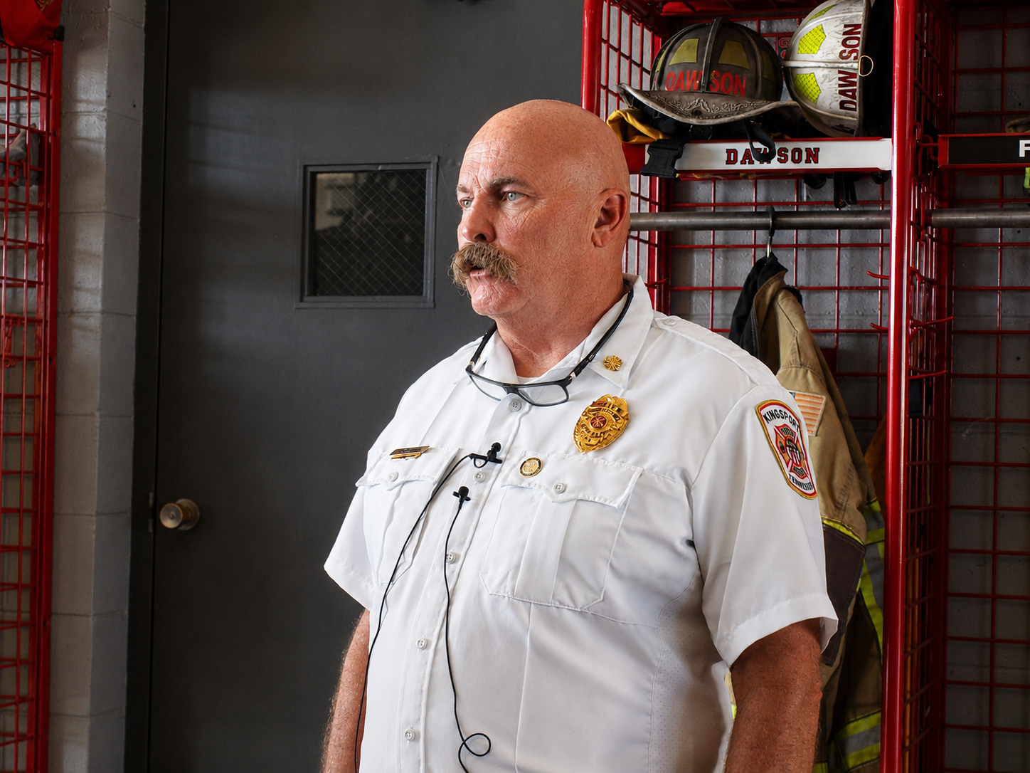 Speaking to reporters, Jerry DeBerry, Fire Chief of Kingsport, discussed the four-year process of having a new fire truck built, Kingsport, TN, August 4, 2026 [Photo: S Cobaugh]