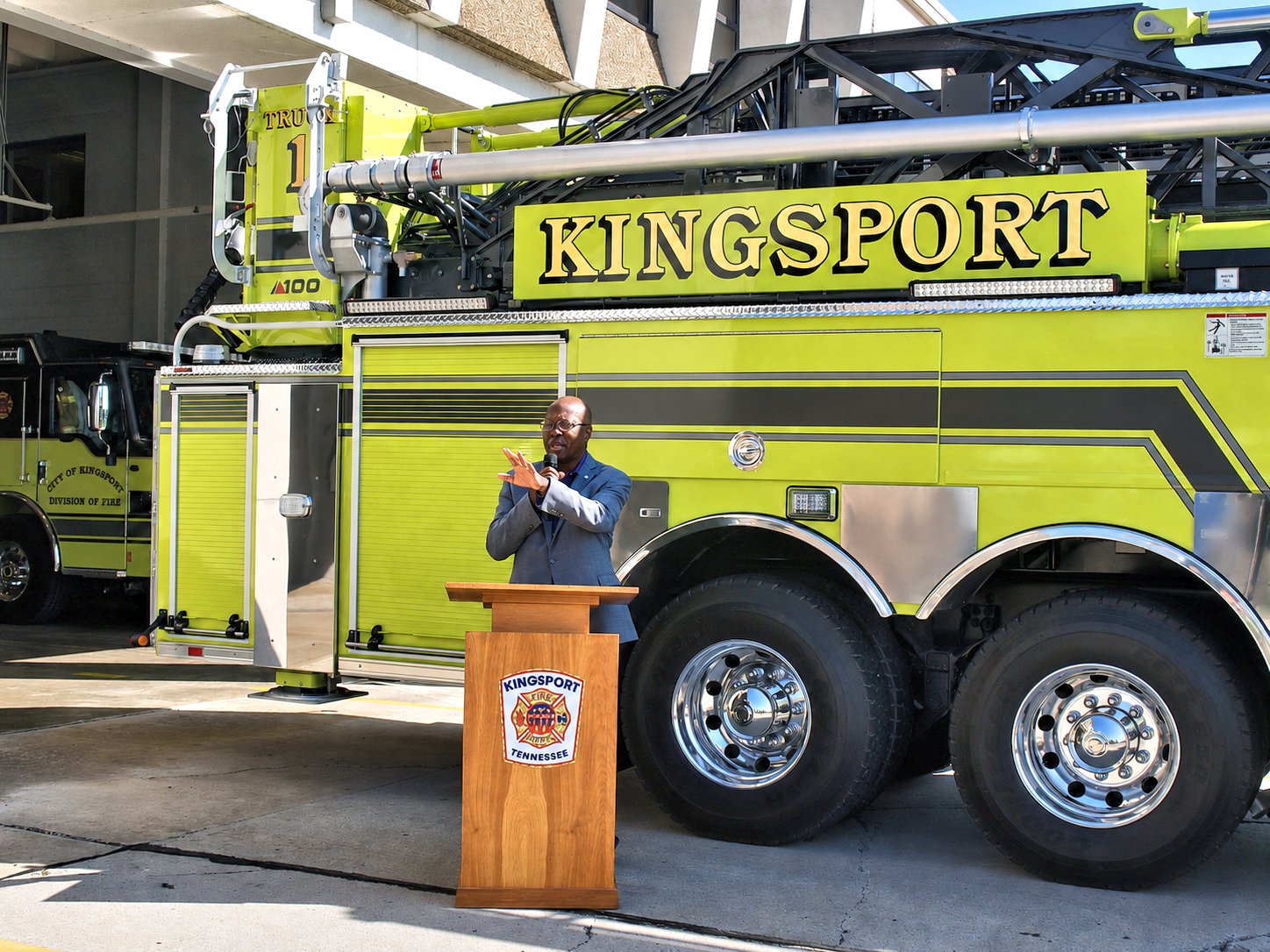 Mayor Paul Montgomery, speaking at the Truck 1 Dedication, praised local firefighters who have carried out vital public services since 1917, Kingsport, TN, August 4, 2026 [Photo: S Cobaugh]