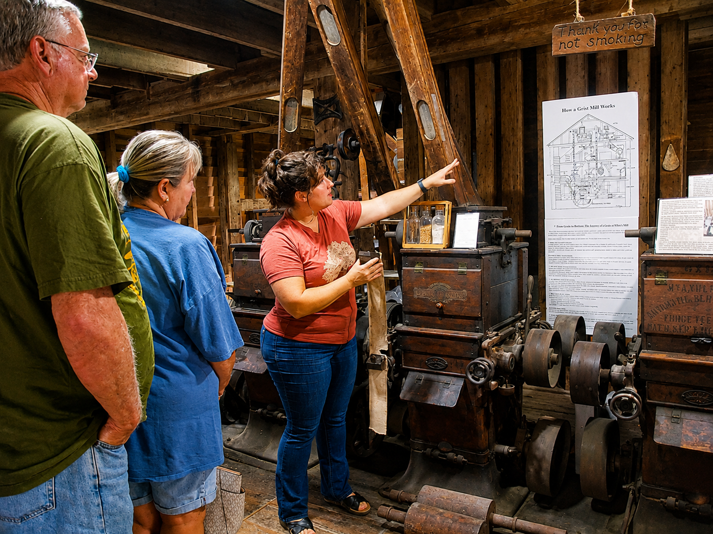 Rebecca Ramsey, co-owner of Experience Appalachia, explains the operation and history of White’s Mill to trolley tour patrons during a stop in Abingdon, Va., Aug. 15, 2026. [Photo: S Cobaugh]