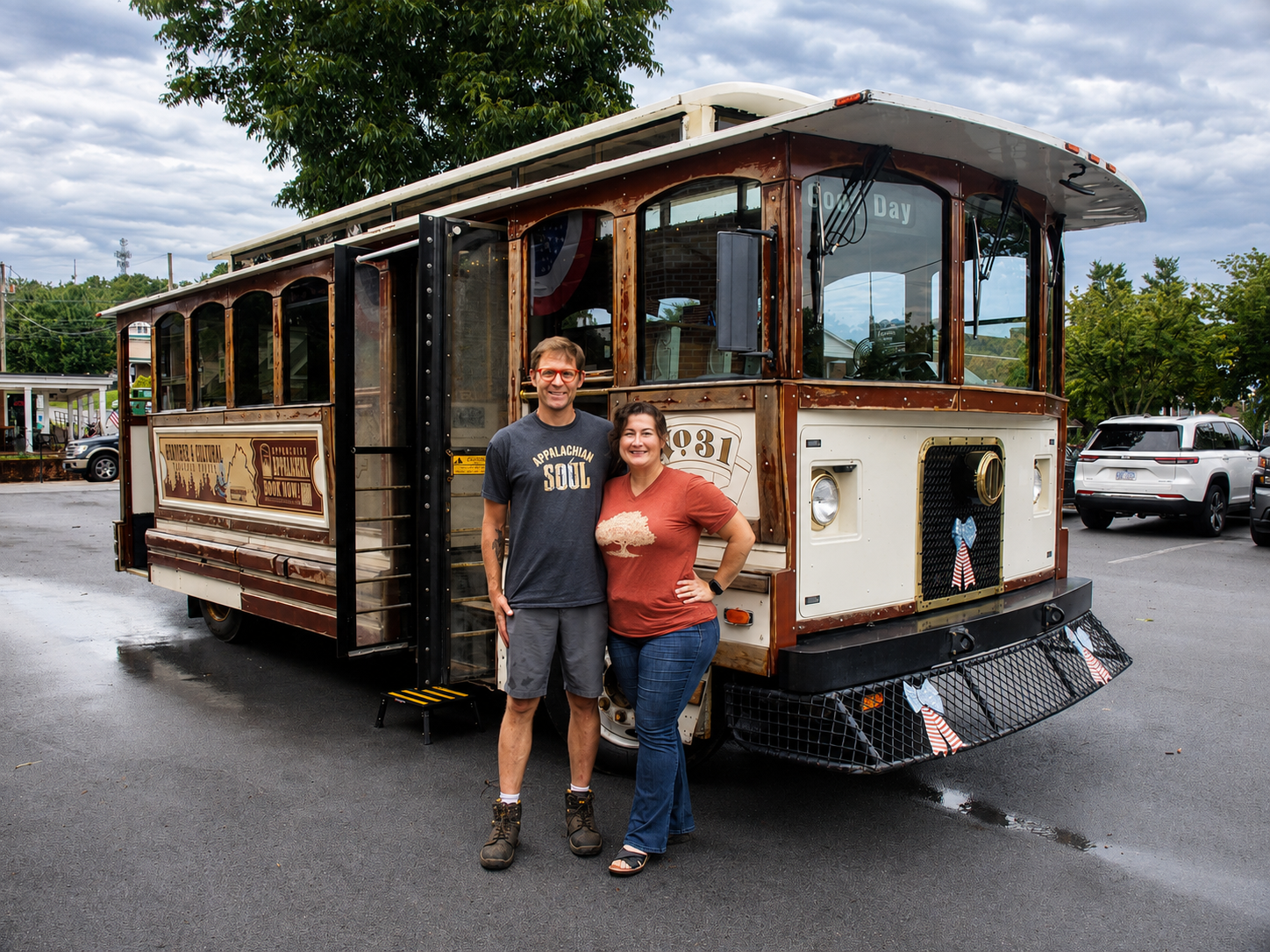Scott and Rebecca Ramsey, owners of Experience Appalachia, stand beside their trolley in Abingdon, Va., on Aug. 15, 2026. The couple conducts guided tours highlighting the town’s history, architecture and local landmarks. [Photo: S Cobaugh]