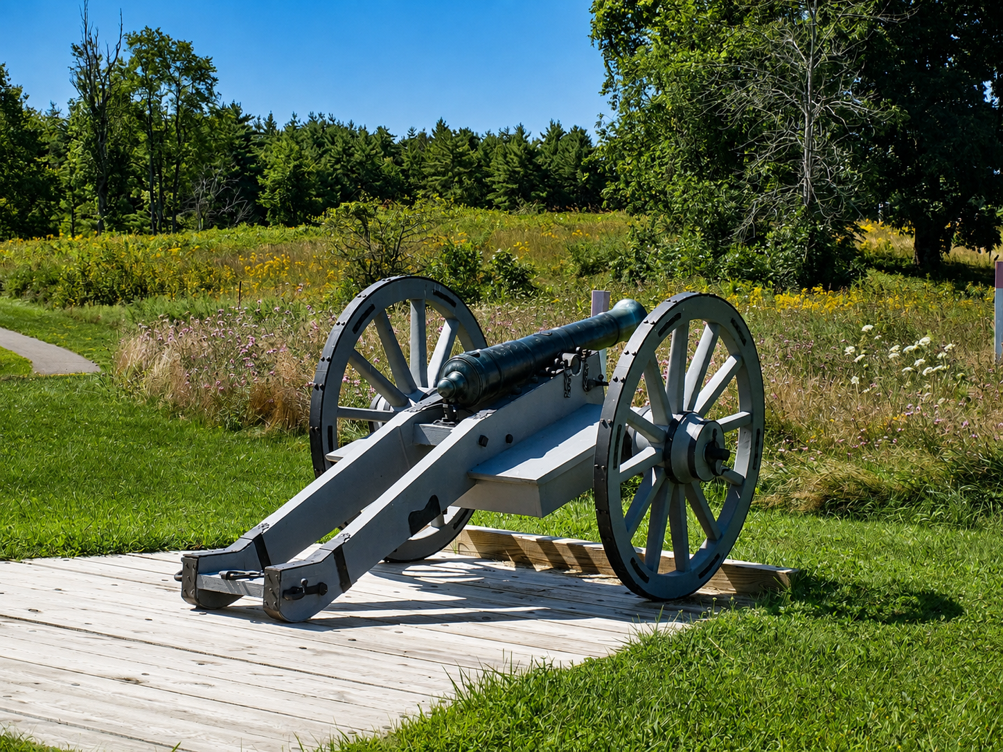 America 250: A cannon is displayed on the battlefield at Saratoga National Historical Park in Stillwater, N.Y. The American victory at Saratoga in the fall of 1777 forced a major British army to surrender, revived patriot hopes for independence and helped secure crucial foreign support, making the battle a turning point of the Revolutionary War. [Photo: D Dymond, Aug. 21, 2026]