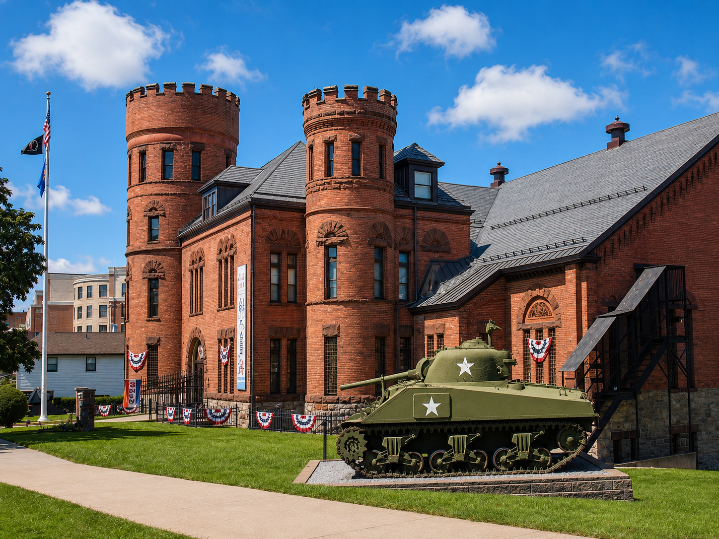 An M4 Sherman tank stands outside the New York State Military Museum and Veterans Research Center in Saratoga Springs, N.Y. The museum occupies the historic Saratoga Springs Armory, designed by state architect Isaac Perry and built from 1889 to 1891 for the New York National Guard’s 22nd Separate Company. The building became the permanent home of the state’s military collection in the early 2000s. [Photo: D Dymond, Aug. 21, 2026]