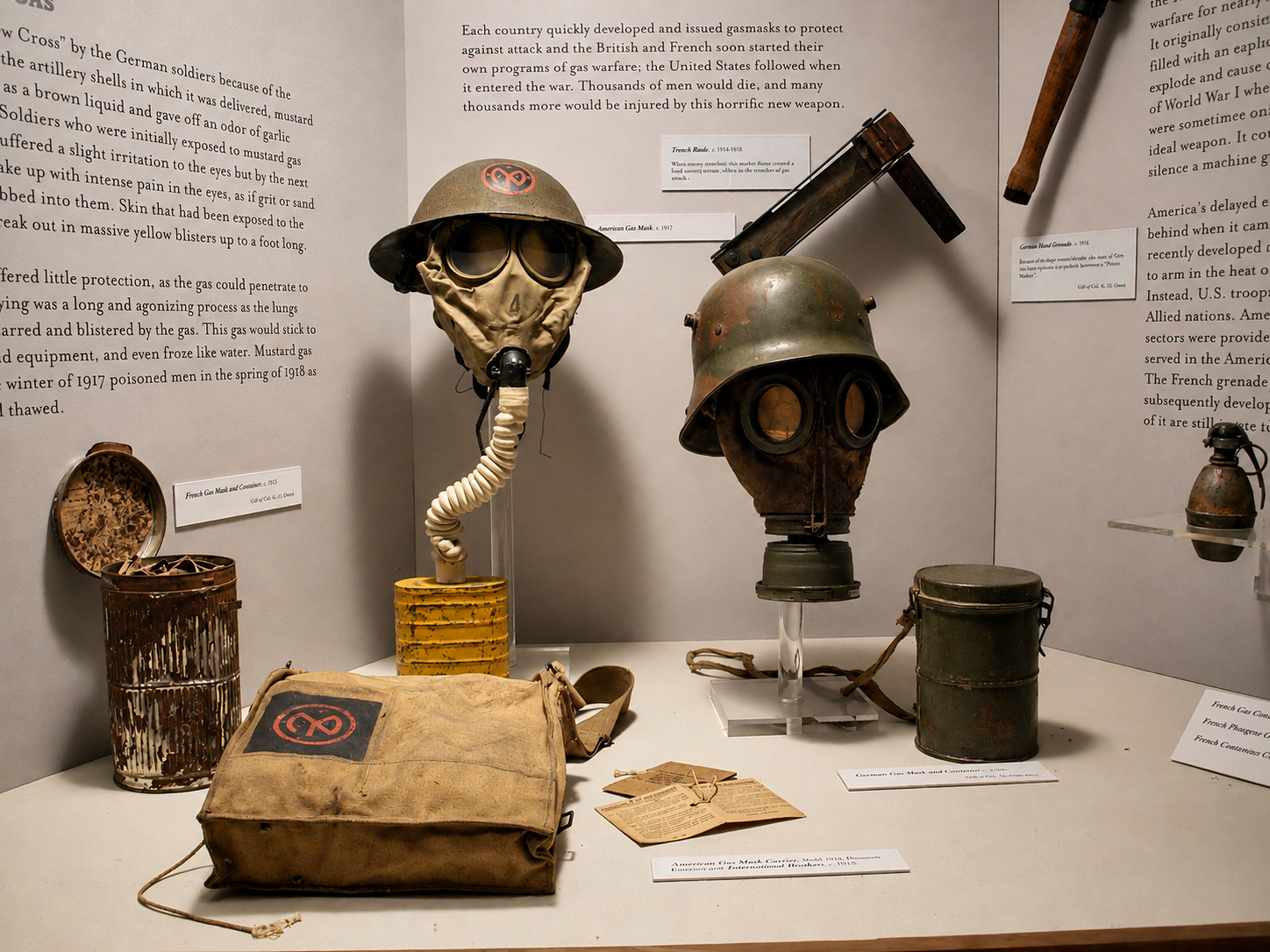 American and European gas masks, helmets and protective equipment illustrate the threat of chemical warfare during World War I at the New York State Military Museum and Veterans Research Center in Saratoga Springs, N.Y. The artifacts are part of the museum’s interpretation of New York’s role in the Great War, presented in its permanent “Fiery Trial and Sacrifice: New York and the First World War” exhibition. [Photo: S Cobaugh, Aug. 21, 2026]