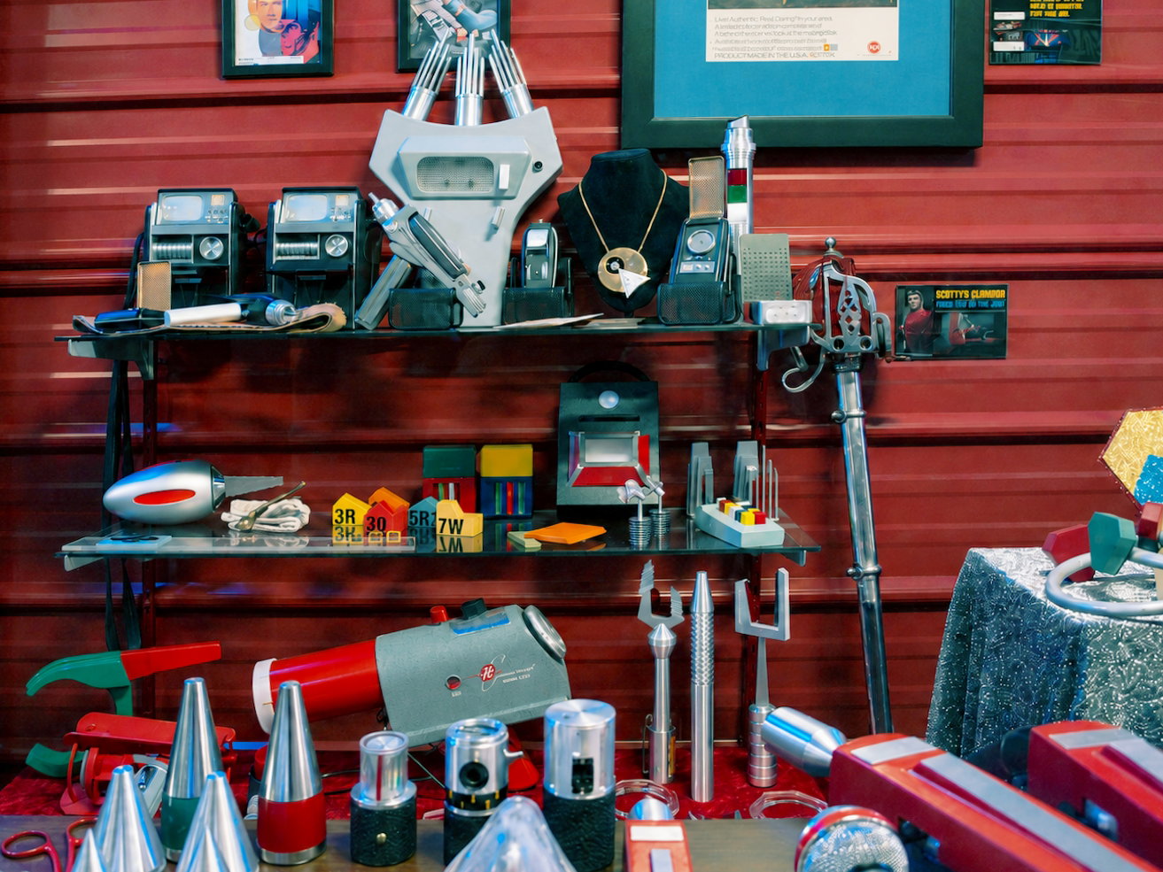 Memorabilia and original prop items are shown at the Star Trek Original Series Set Tour in Ticonderoga, N.Y. , where exhibits and original production costumes complement the recreated sets. [Photo: S Cobaugh, Aug. 21, 2026]