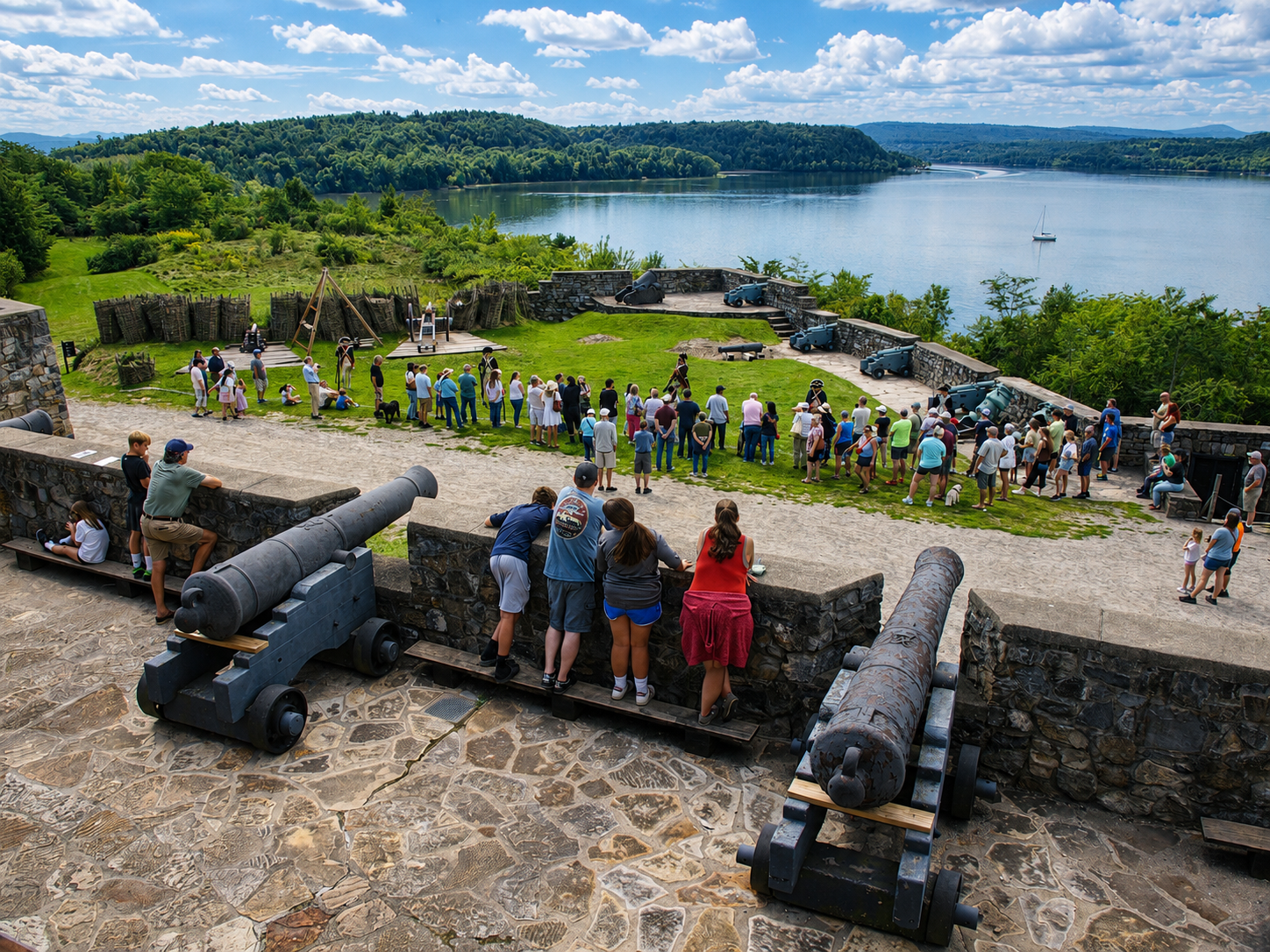 America 250: Visitors gather inside Fort Ticonderoga for a living-history program overlooking Lake Champlain in Ticonderoga, N.Y. The fort’s commanding position above the lake helped make Ticonderoga a strategically important point along the inland water route connecting Canada with New York and the Hudson Valley. [Photo: S Cobaugh, Aug. 22, 2026]