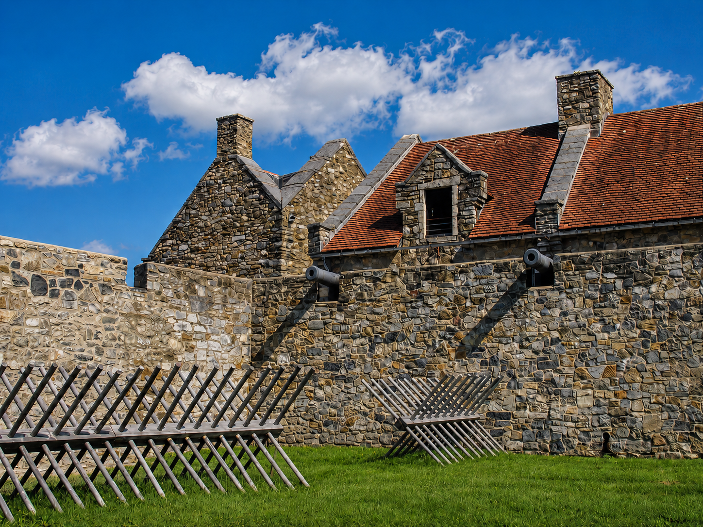 America 250: Recreated wooden defensive obstacles stand outside the stone walls of Fort Ticonderoga in Ticonderoga, N.Y. American troops undertook an extensive construction program here in 1776, building and improving earthworks, redoubts, barracks, bridges and other defenses as they prepared for a possible British invasion from Canada. [Photo: S Cobaugh, Aug. 22, 2026]