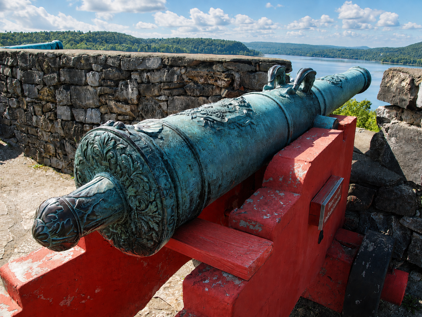 America 250: An ornate historic cannon overlooks Lake Champlain from Fort Ticonderoga in Ticonderoga, N.Y. Control of the fort and its artillery was especially important because Ticonderoga guarded a critical water corridor between Canada and the Hudson Valley, a route repeatedly contested during the French and Indian War and American Revolution. [Photo: D Dymond, Aug. 22, 2026]