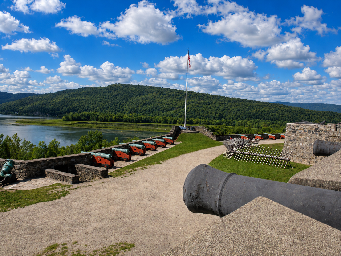 America 250: Cannons line the defenses of Fort Ticonderoga above Lake Champlain in Ticonderoga, N.Y. Artillery has a prominent place in the fort’s Revolutionary War history: After Americans captured Ticonderoga in 1775, Henry Knox transported guns from the fort to Massachusetts, where they helped force British troops to evacuate Boston the following year. [Photo: S Cobaugh, Aug. 22, 2026]