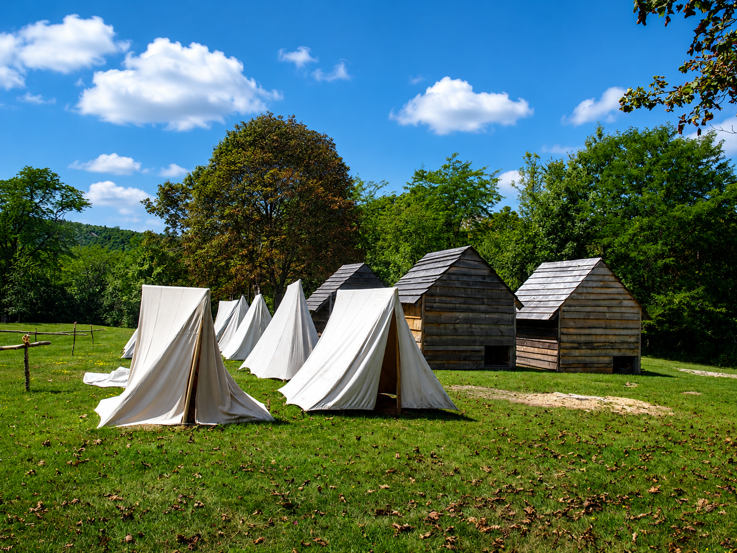America 250: Recreated military tents and soldiers’ huts stand at Fort Ticonderoga’s Liberty Hill Encampment in Ticonderoga, N.Y. The new 2026 interpretive area depicts the Pennsylvania Continental soldiers who occupied the heights in 1776 and illustrates the transformation of their quarters from a temporary tent camp into a more heavily fortified military settlement. [Photo: D Dymond, Aug. 22, 2026]