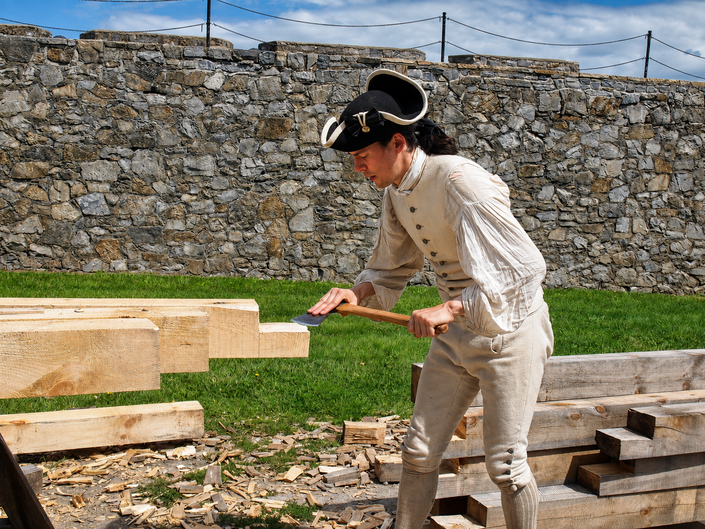 America 250: A Fort Ticonderoga interpreter uses a hand tool to shape a timber during a historic carpentry demonstration in Ticonderoga, N.Y. Carpentry was essential to the Continental Army’s massive 1776 construction effort, which included fortifications, bridges, soldiers’ huts, barracks and vessels for the American fleet on Lake Champlain. [Photo: S Cobaugh, Aug. 22, 2026]