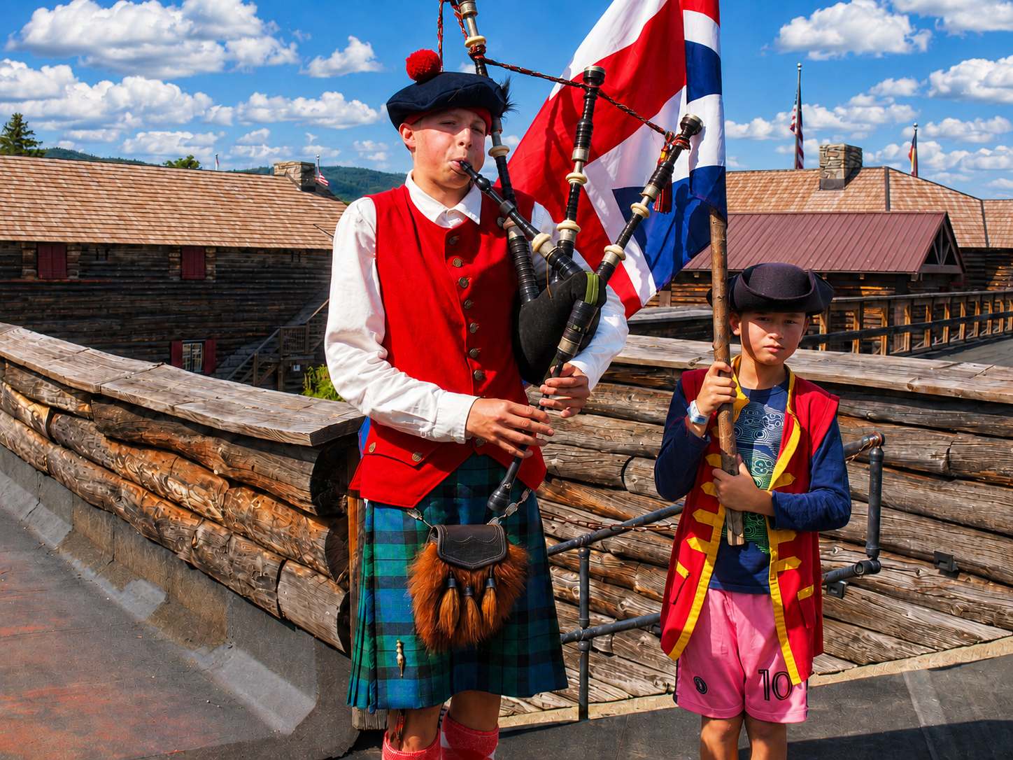 A costumed reenactor plays bagpipes beside a young participant holding a flag at Fort William Henry in Lake George, N.Y. The museum uses living-history presentations to interpret the British regulars, provincial troops, rangers, Native Americans, sutlers and others who were part of life on the northern frontier during the French and Indian War. [Photo: S Cobaugh, Aug. 22, 2026]