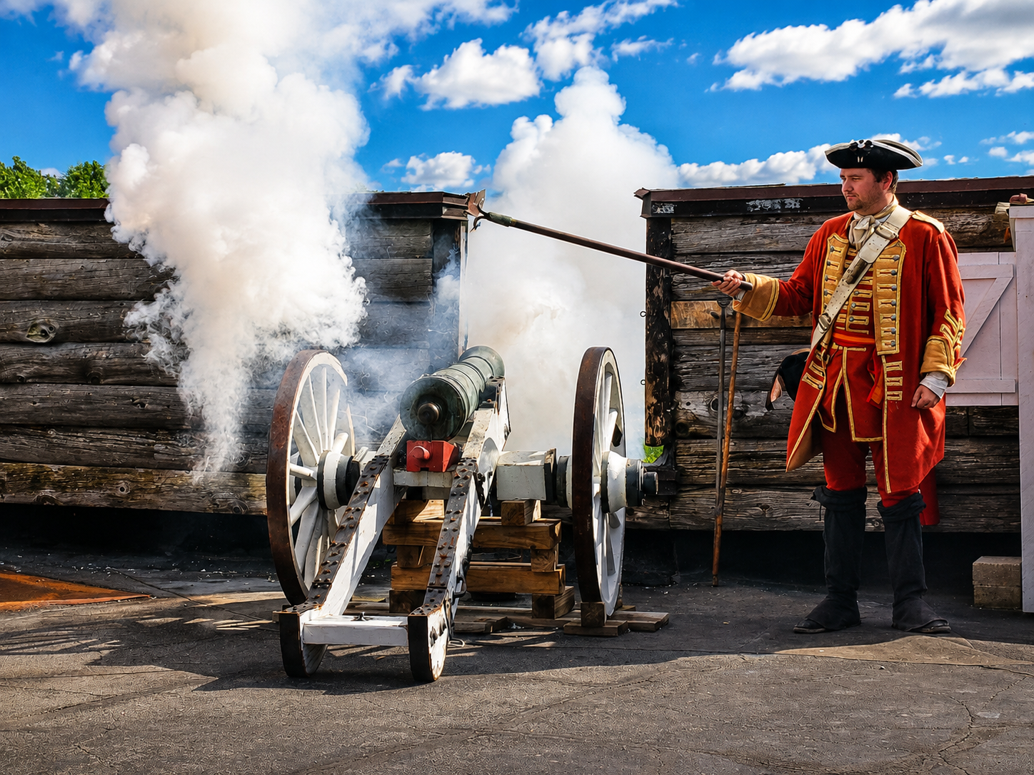 A costumed interpreter takes part in a cannon-firing demonstration at Fort William Henry in Lake George, N.Y. The museum regularly demonstrates the black-powder artillery and muskets used during the French and Indian War. During the French siege in August 1757, artillery was moved to within about 150 yards of the fort, while repeated firing caused some of the defenders’ own guns to fail before Lt. Col. George Monro surrendered on Aug. 9. [Photo: S Cobaugh, Aug. 22, 2026]