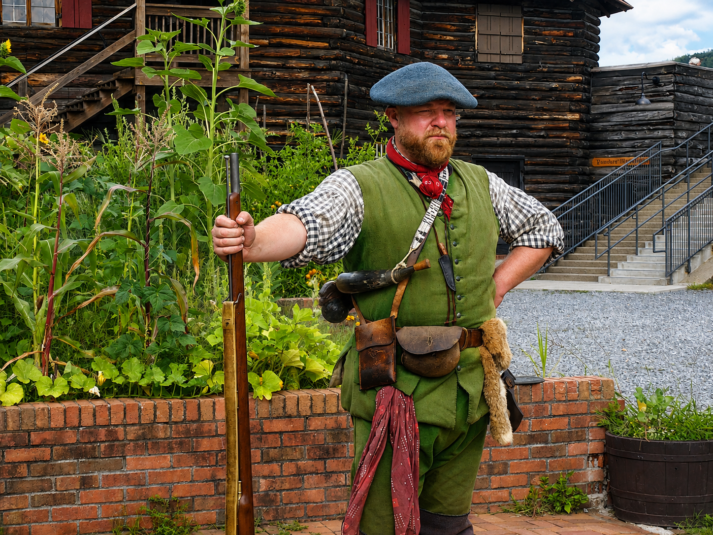 A living-history reenactor dressed as a British irregular soldier stands with a muzzleloading firearm at Fort William Henry in Lake George, N.Y. By the summer of 1757, approximately 2,300 British regulars and provincial troops under Lt. Col. George Monro were defending the fort as a much larger French-led force under Louis-Joseph de Montcalm advanced on Lake George. [Photo: D Dymond, Aug. 22, 2026]