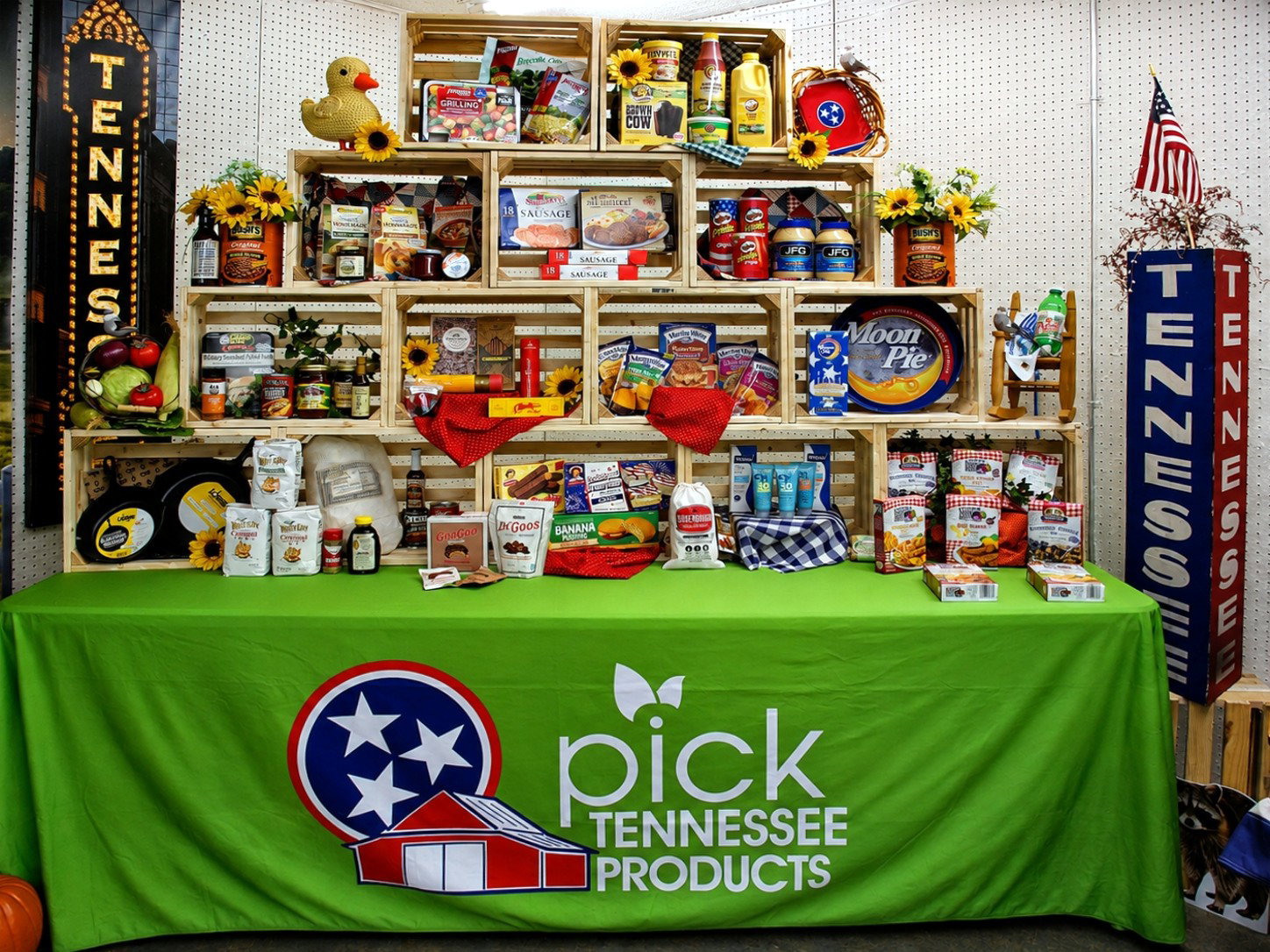 Made in Tennessee is the theme of an agricultural exhibit featuring dozens of food and beverage products from the state -- from Goo Goo Clusters to Bush's Baked Beans. The showcase was inside one of several exhibit buildings at the Appalachian Fair, held in Gray, Tenn. [Photo: J Lowry, Aug. 27, 2026]