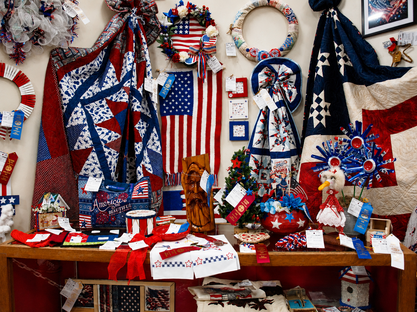 Americana abounds in a craft display inside one of the exhibit halls at the Appalachian Fair in Gray, Tenn. The patriotic items reflect the on-going America 250 commemorations around the country. [Photo: S Cobaugh, Aug. 27, 2026]