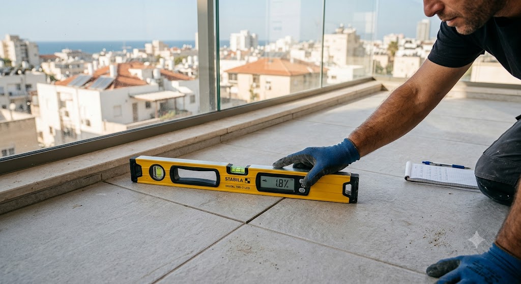 שיפוע תקני בריצוף מרפסת ובמקלחון – חשיבות, בדיקה ודרכי תיקון