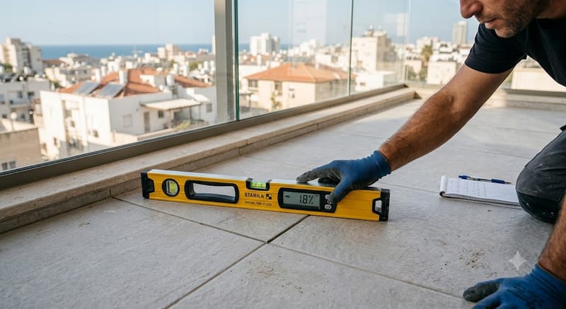 שיפוע תקני בריצוף מרפסת ובמקלחון – חשיבות, בדיקה ודרכי תיקון