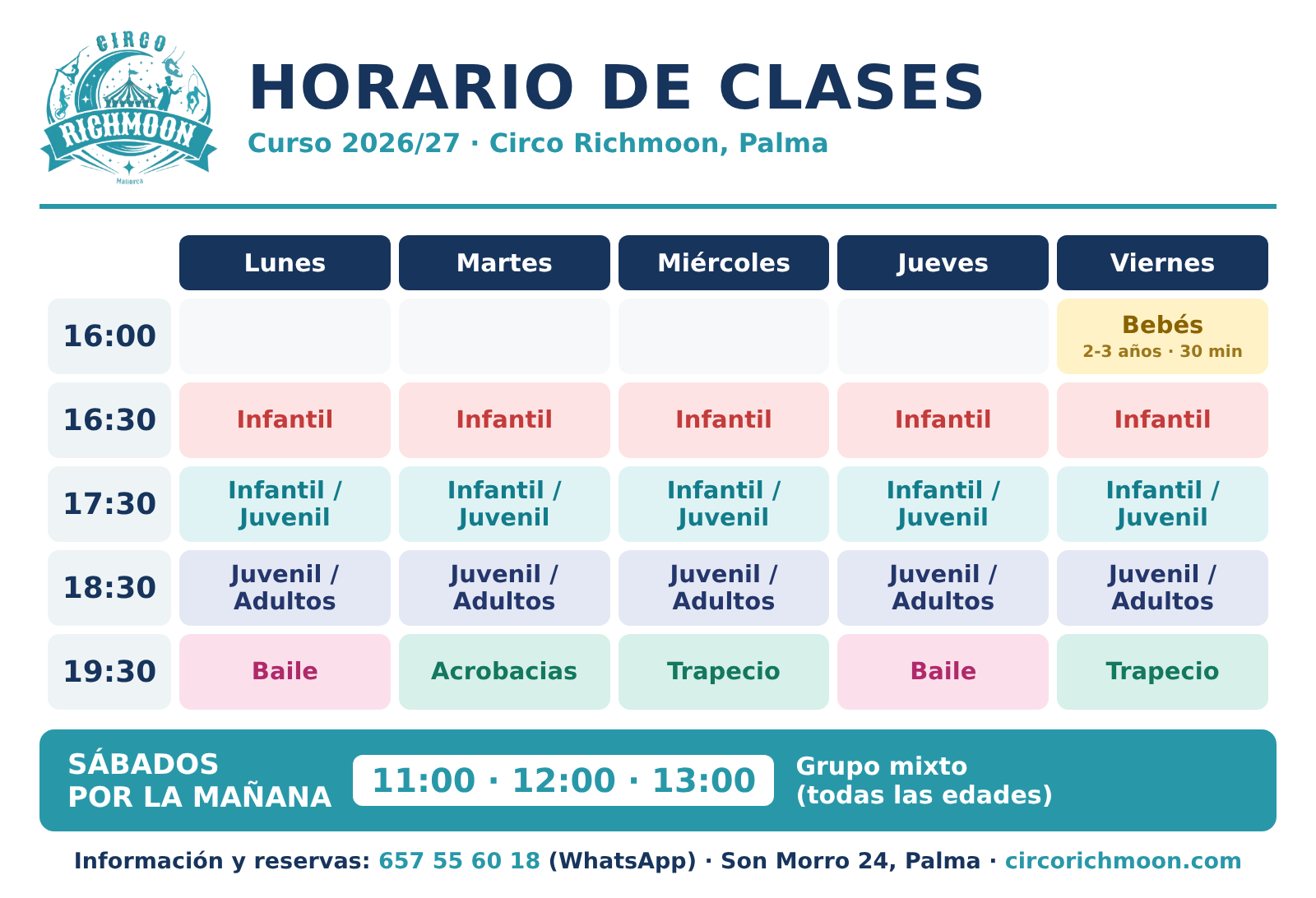 Horario de clases de Circo Richmoon, Palma (curso 2026/27)