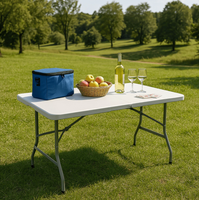 Mesa Dobrável Portátil De Plástico Que Vira Maleta Para Camping Praia Churrasco 180X74cm Branco