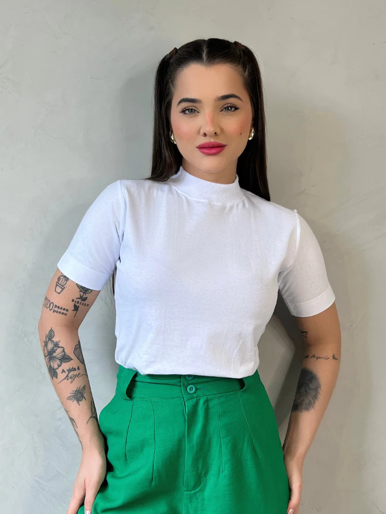 T-shirt Gola Alta Blusa Feminina Básica 100% ALGODÃO Camiseta Lisa