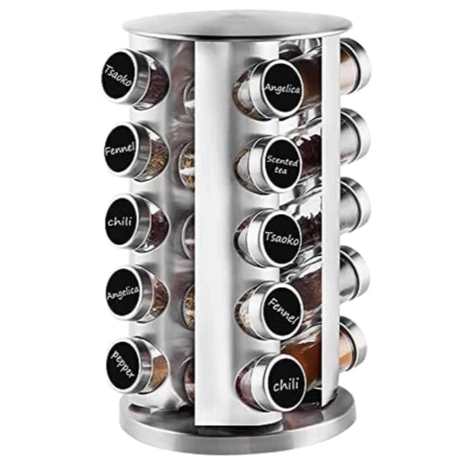 Porta Tempero Condimento Inox 20 Potes Redondo + Suporte Giratório Com Etiquetas