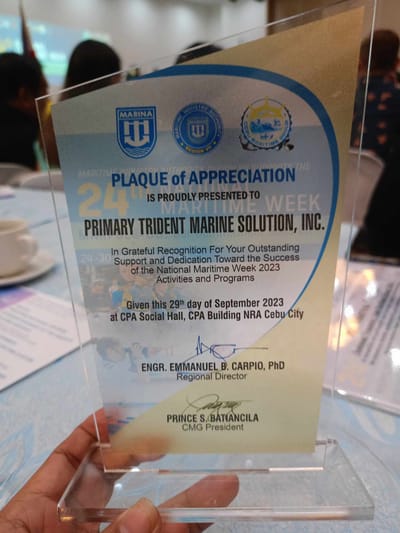 Primary Trident Marine Solution, Inc. Receives Plaque of Appreciation During 24th National Maritime Week