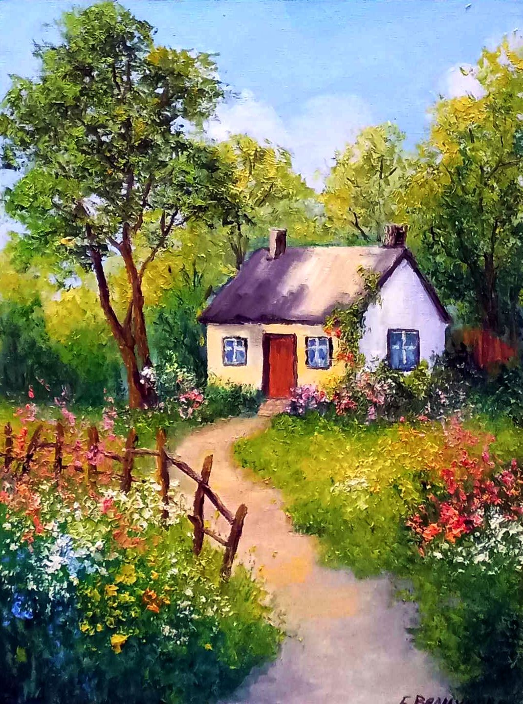 Китна къщичка - маслени бои, каширано платно 30х40см