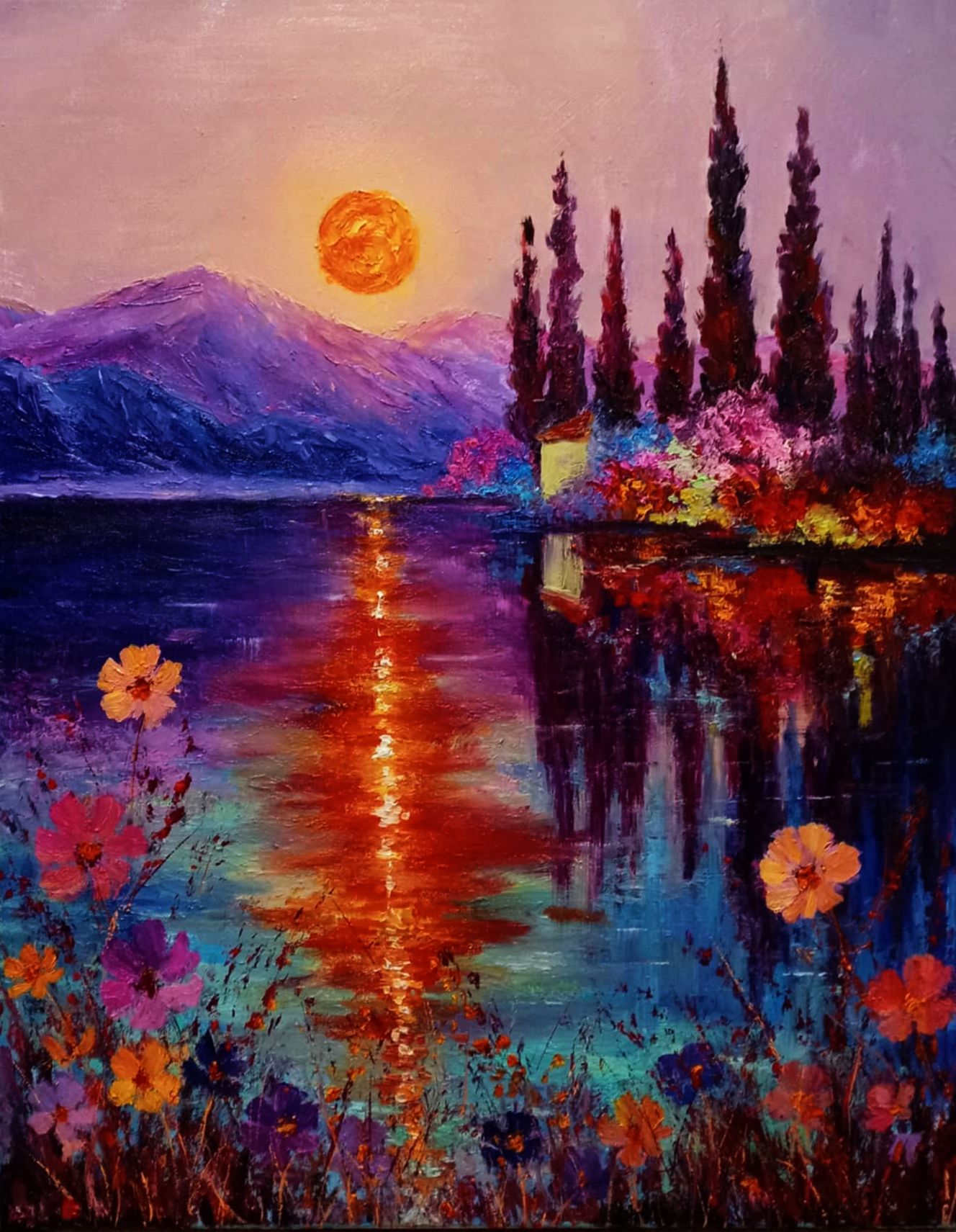 Изгрев над пурпурните върхове - маслени бои, платно 40х50см. Цена 300лв/150 евро