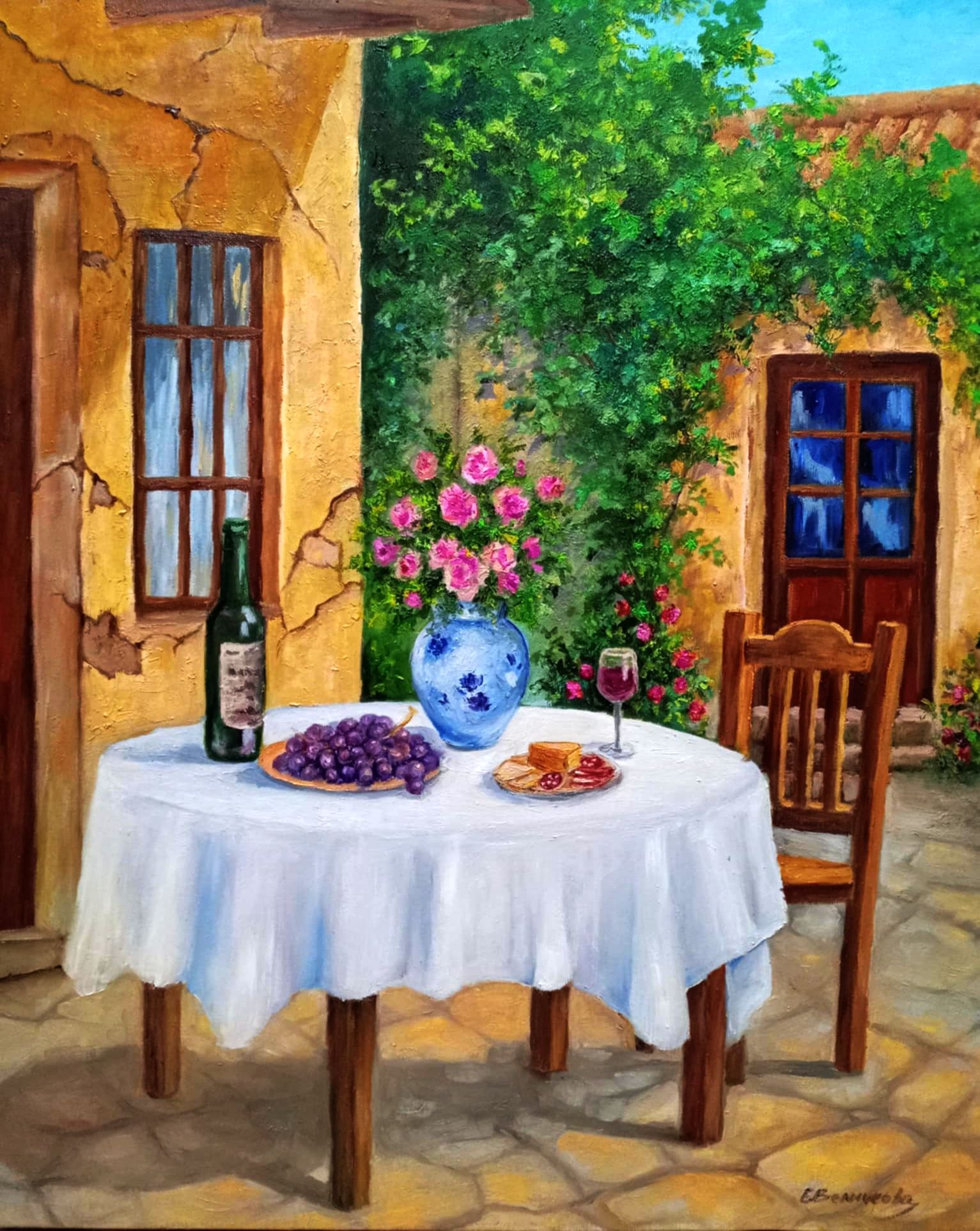 На чаша вино в стария двор- маслени бои, платно 60х50см. Цена 400лв.