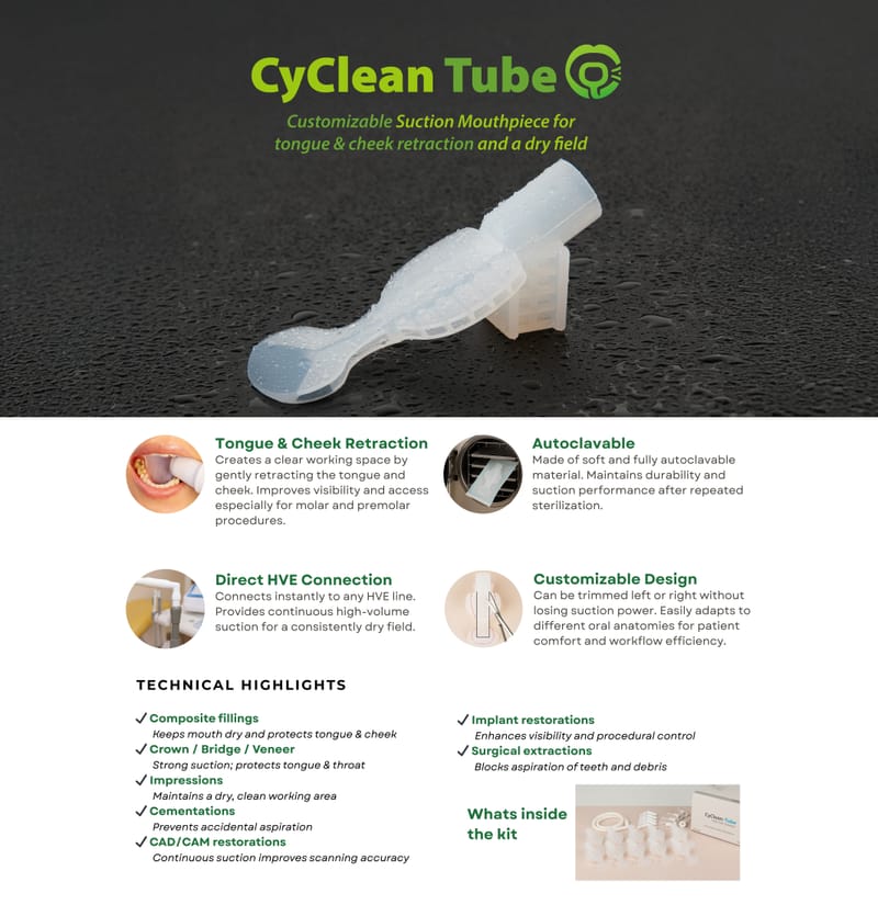 CyClean Tube — Intraoral Suction Mouthpiece for Dry Field Dentistry
