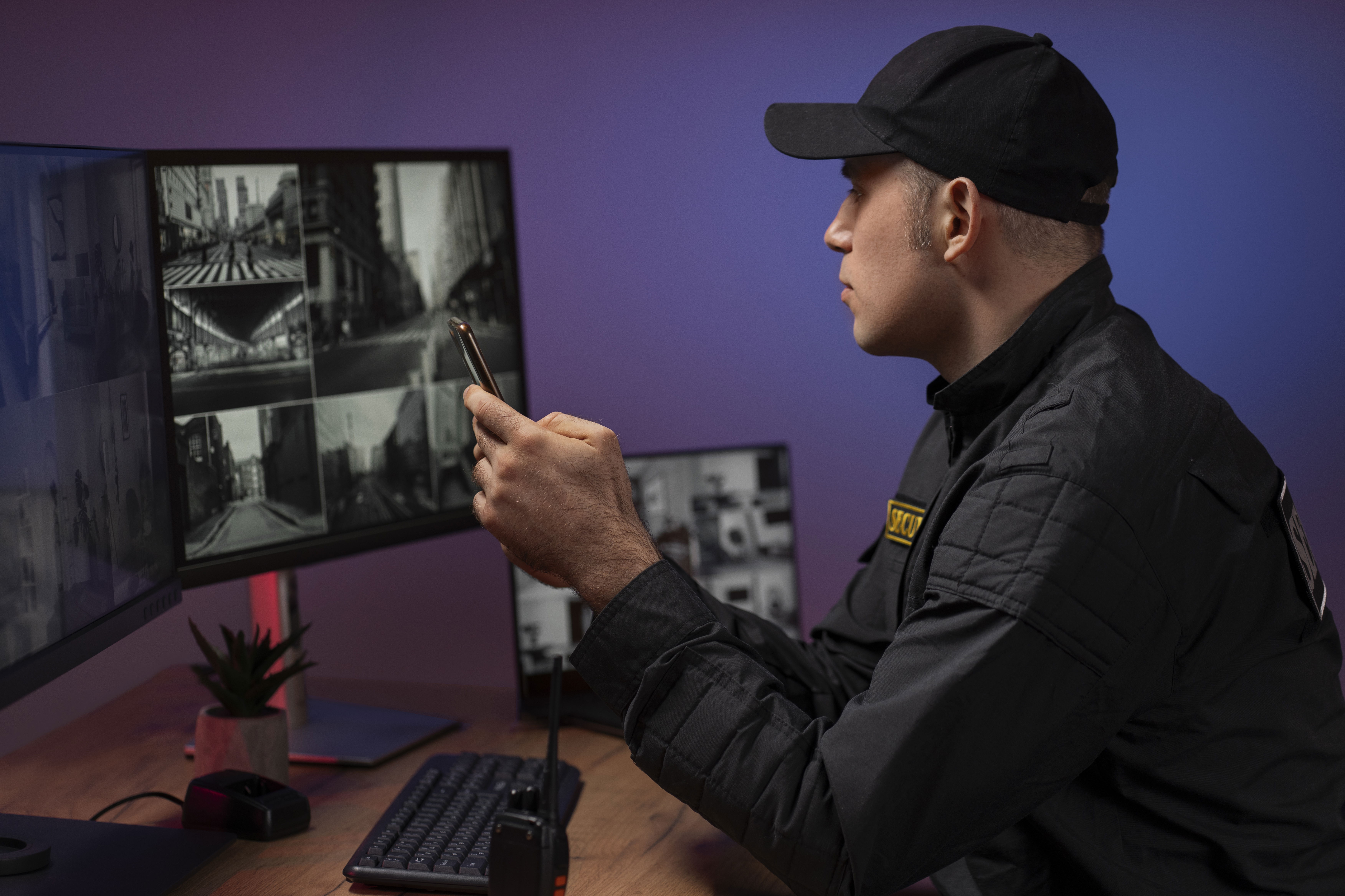 A security guard in uniform in a low-light control room, checking his phone while surrounded by monitors displaying various CCTV Surveillance feeds, indicating active CCTV Monitoring operations.