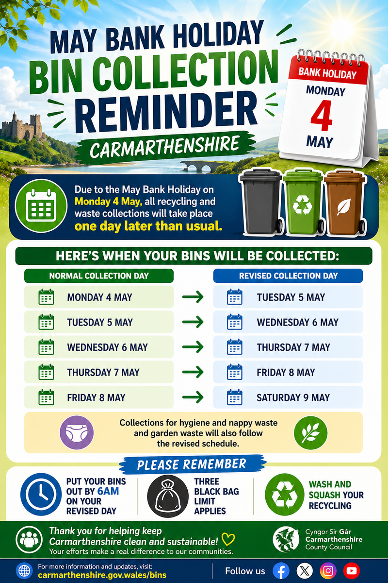 🌿 MAY BANK HOLIDAY BIN COLLECTION REMINDER – CARMARTHENSHIRE 🌿