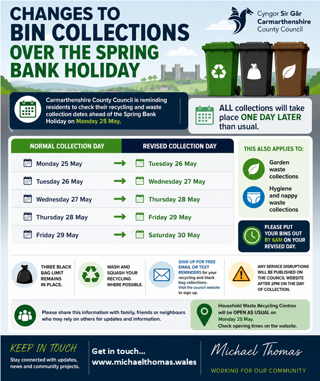 COMMUNITY UPDATE — CHANGES TO BIN COLLECTIONS OVER THE SPRING BANK HOLIDAY