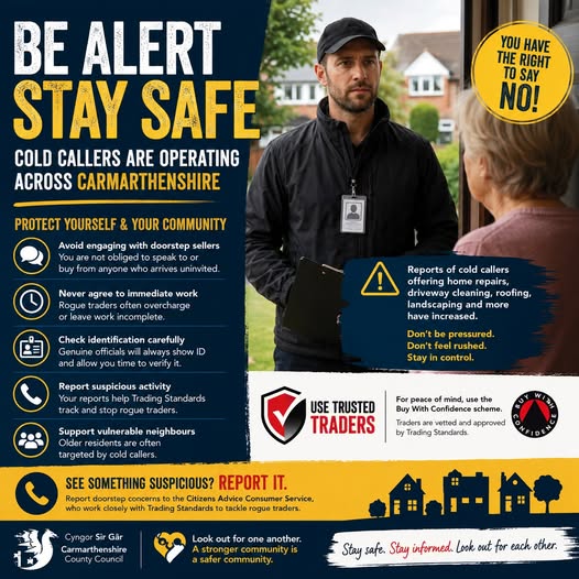 Residents across Carmarthenshire are being urged to stay vigilant following an increase in reports of cold callers operating in our communities.