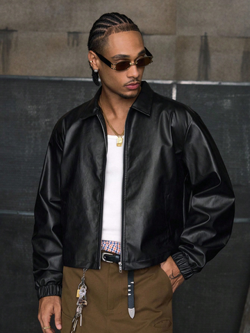 Men's Solid Color Zip-Up Collar Long Sleeve Casual Jacket