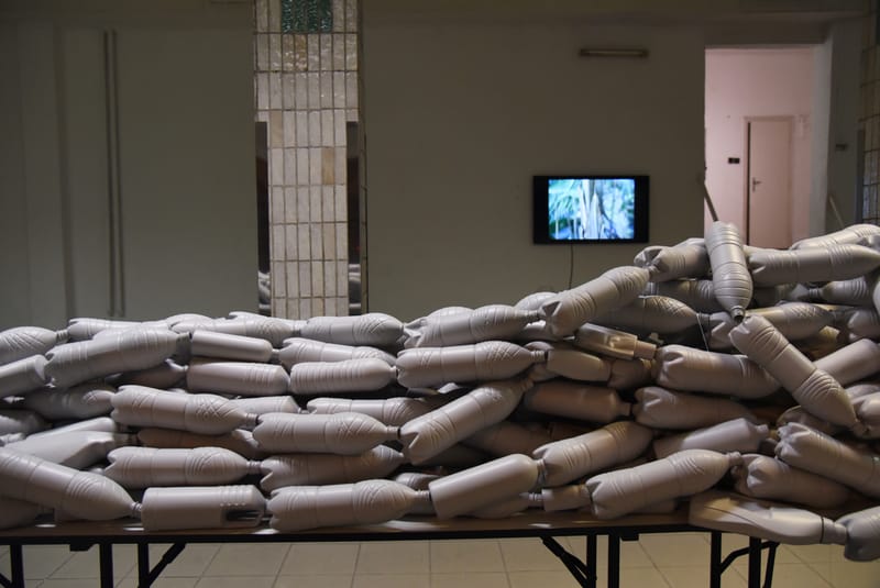 installáció: műanyag palackokból épített plasztika, videó