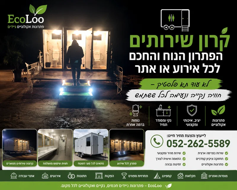 קרון שירותים – הפתרון הנוח והחכם לכל אירוע או אתר
לא עוד תא פלסטיק – חוויה נקייה ונעימה לכל משתמש